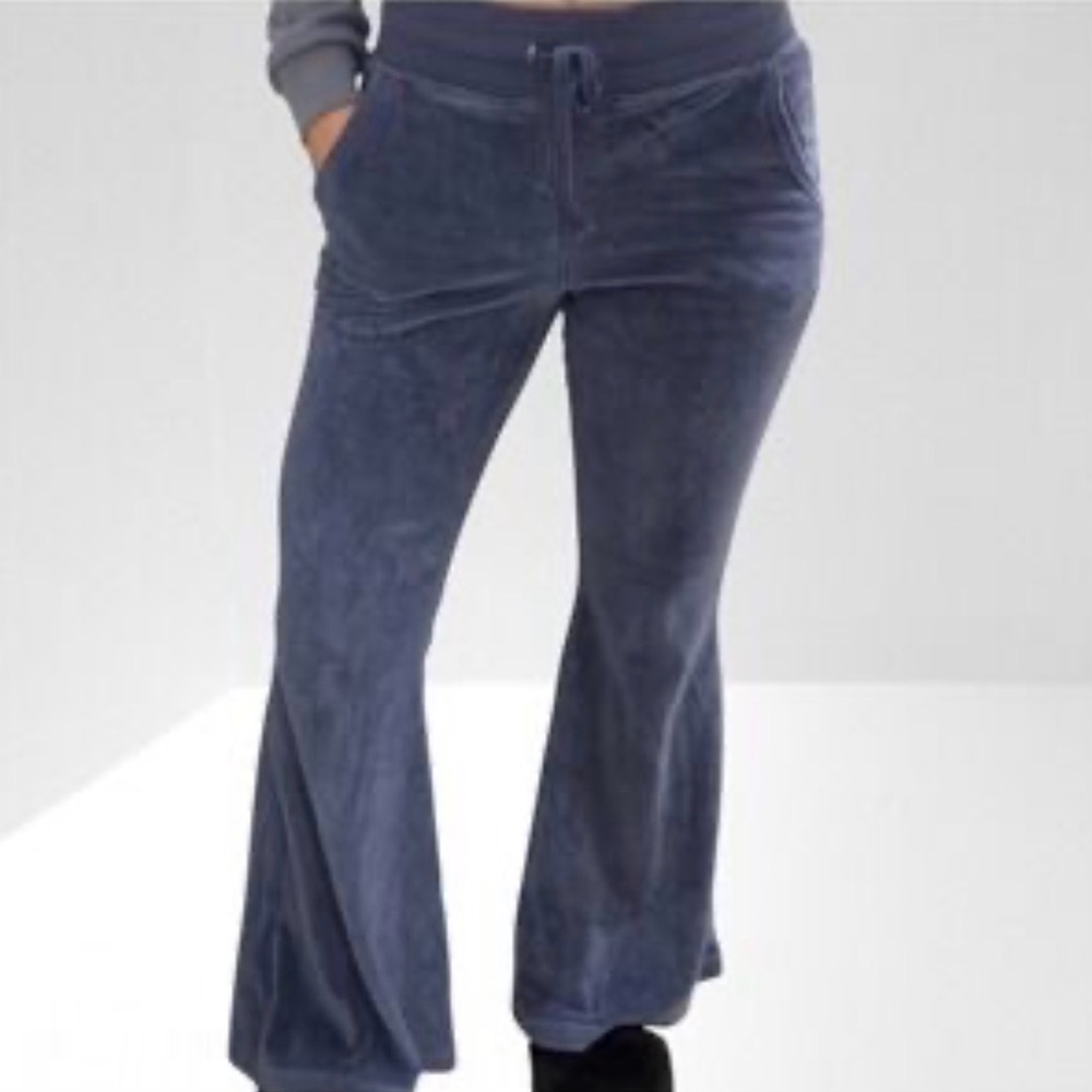 Aerie Groove Blue Velour Flare Lounge Pants Drawstring Waist Soft Cozy Size XL